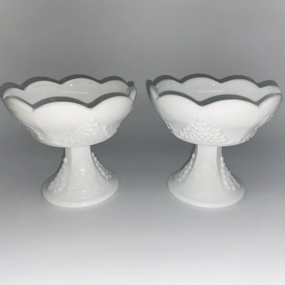 Pair of Vintage Indiana Colony Harvest Grape Milk Glass Pedestal Candle Holder